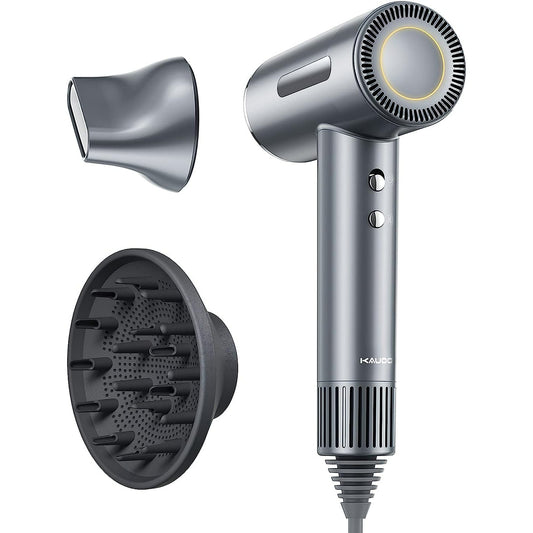 Kauoo Hair Dryer, High Speed Blow Dryer with Diffuser & 110,000 RPM Brushless Motor, Ionic Hair Dryer for Fast Drying, Grey