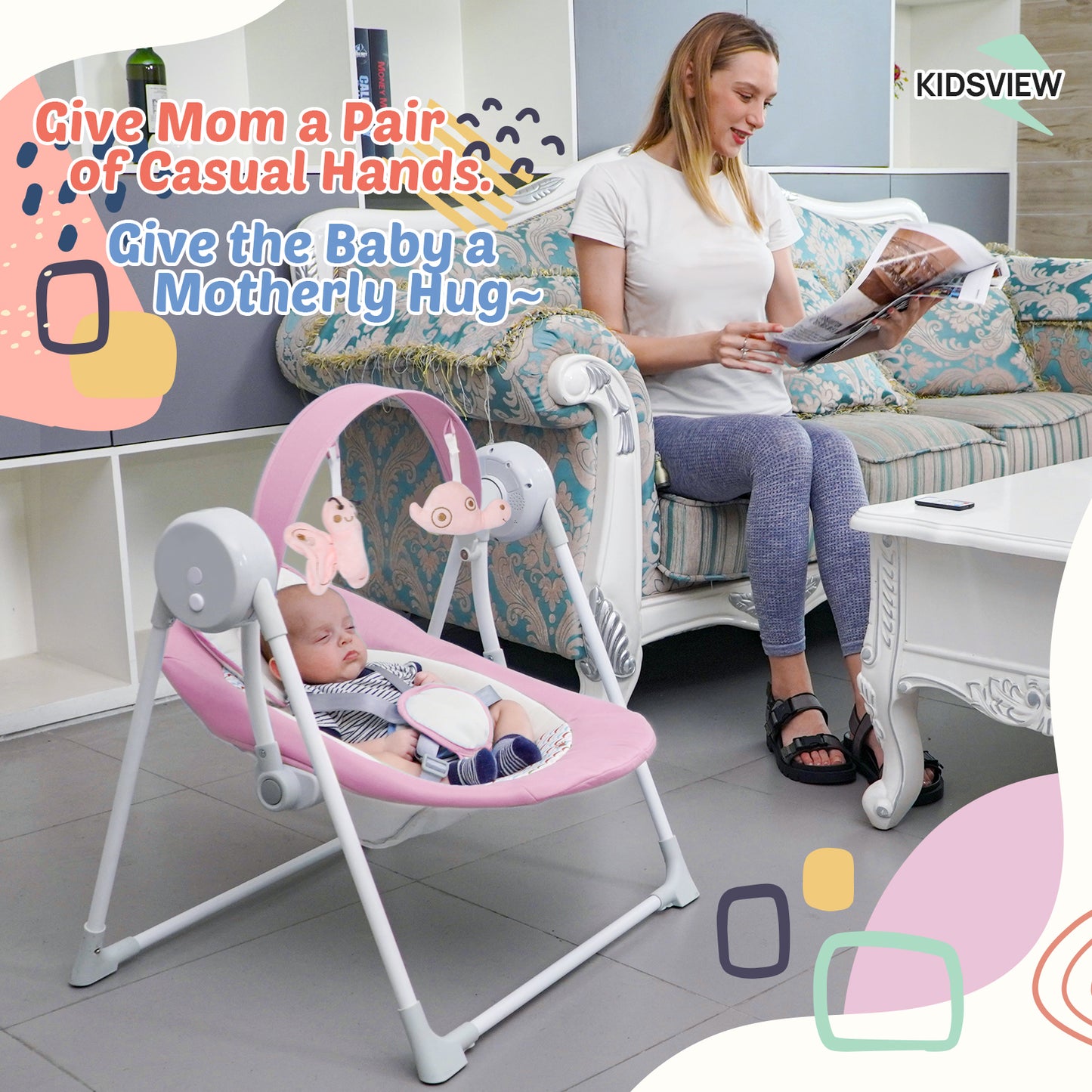 Yadala Baby Swing, Foldable Baby Swing for Infants with 5 Adaptable Speed, 12 Music, 3 Timer Setting, 0-12 Months, Pink