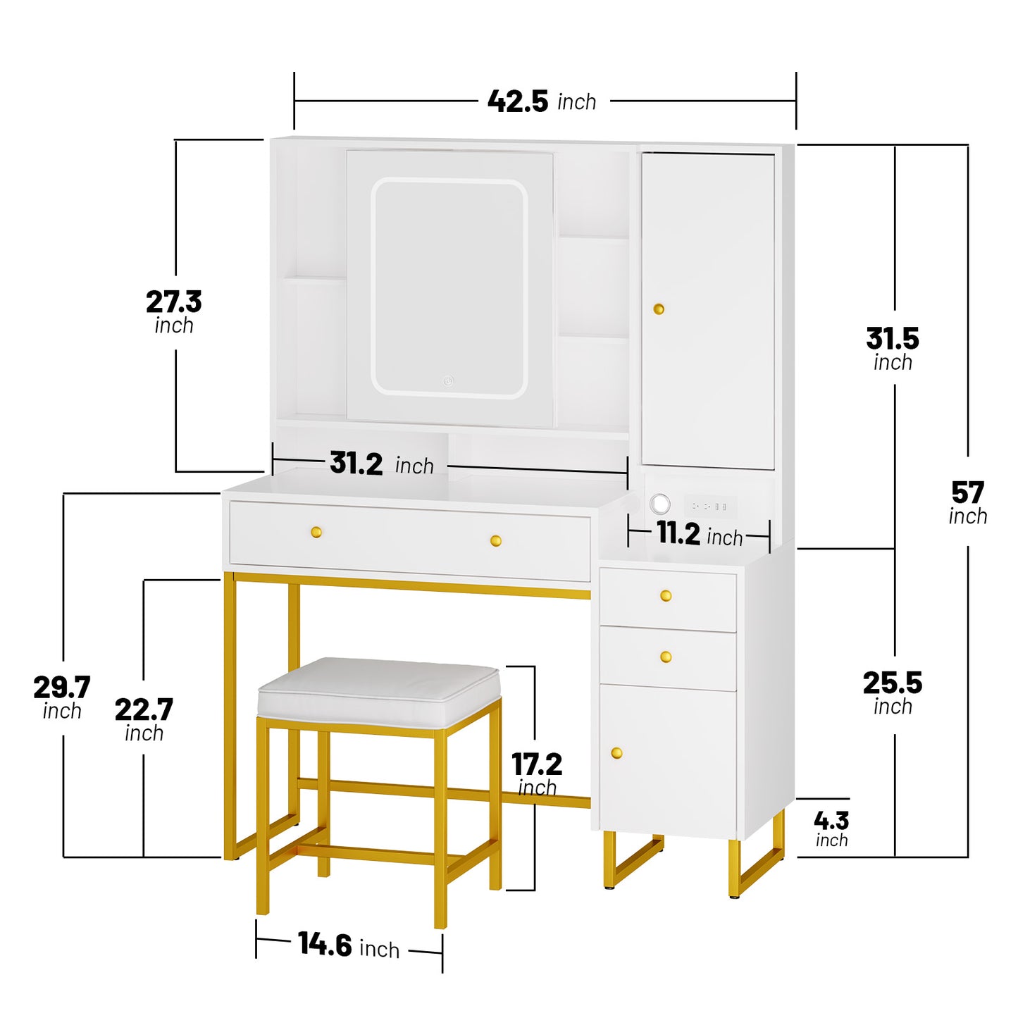 Vanity Set with Lighted Mirror, VIPLIVE Vanity Desk with Charging Station, Dressing Table Makeup Desk with Stool