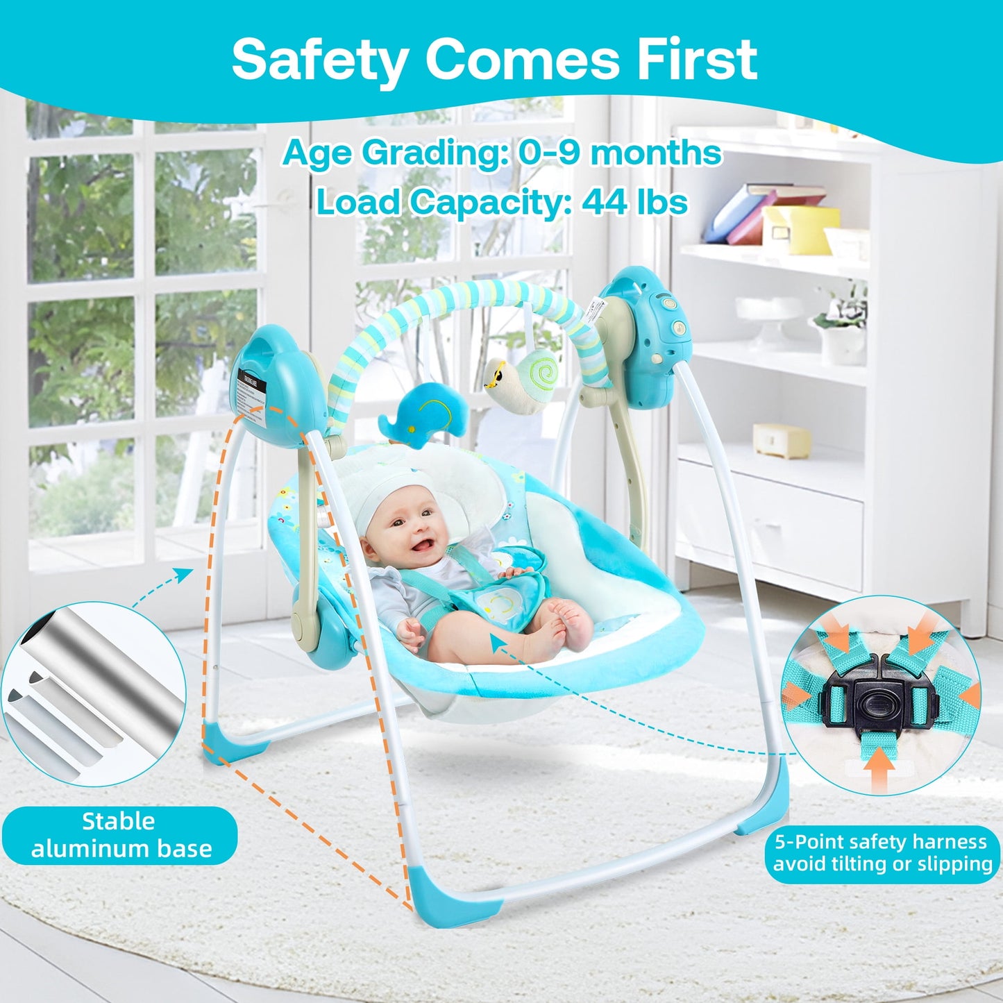 Yadala Baby Swing, Foldable Baby Swing for Infants with Adaptable Speeds, Music, 0-9 Months, Blue
