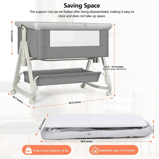 Yadala Baby Bassinet, 3 in 1 Bedside Sleeper with Storage Basket, Easy to Fold Bedside Crib, Gray