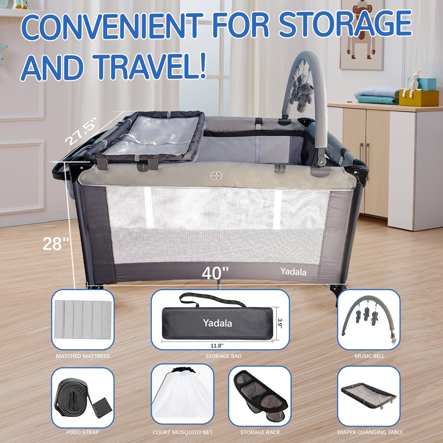 Portable Playard in Black, Lightweight, Packable and Easy Setup Baby Playard bassinet, Breathable Mesh Sides and Soft Fabric - Comes with a Removable Padded Mat