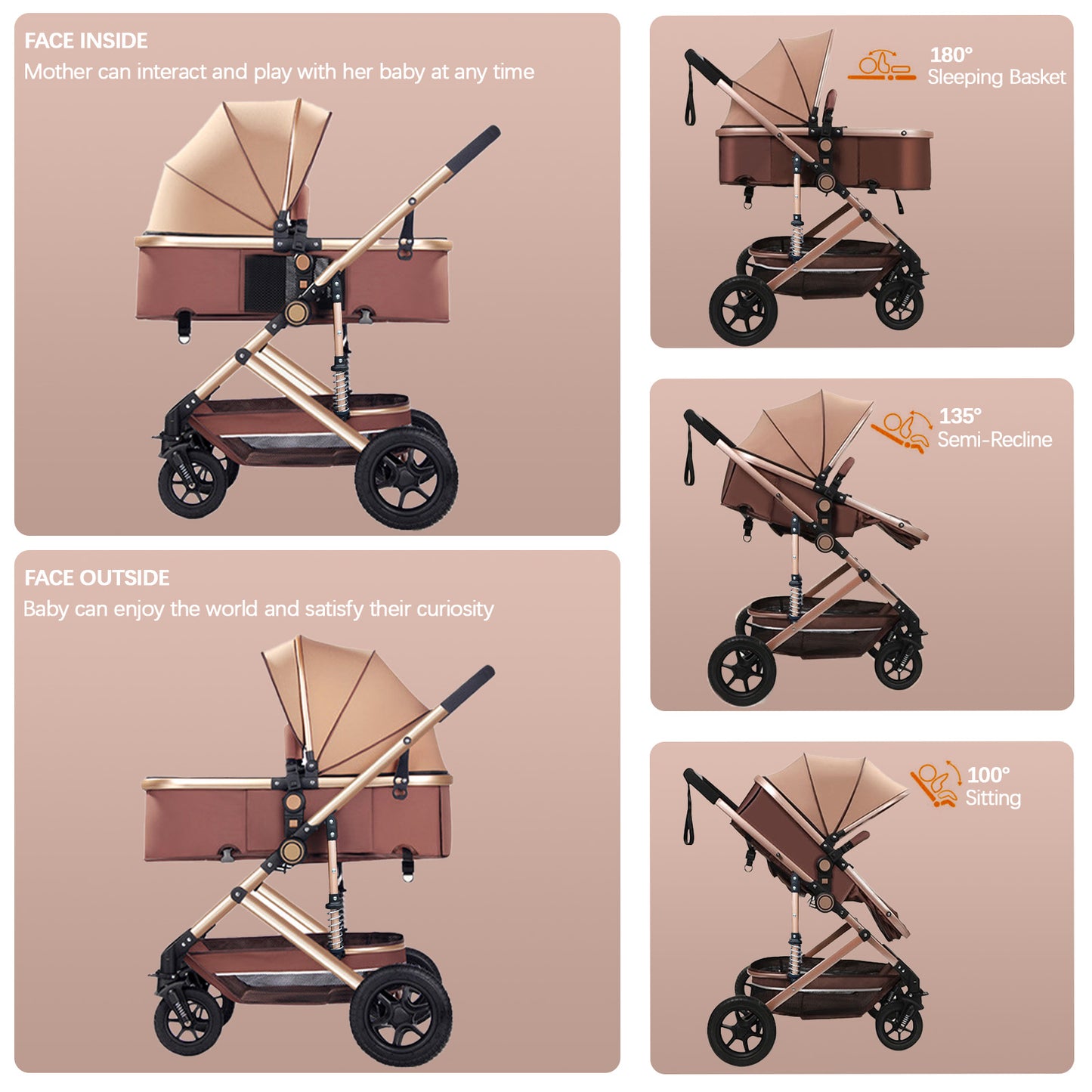 Yadala Baby Stroller, Foldable Baby Stroller 3 in 1 Convertible Bassinet Stroller for Newborn Toddler with Adjustable Backrest & Awning, Black