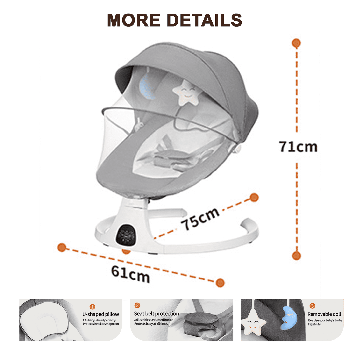 Electric Baby Swing for Infants Bouncer for Boy Girl with Remote Control, 5 Speeds, 10 Music, Gray