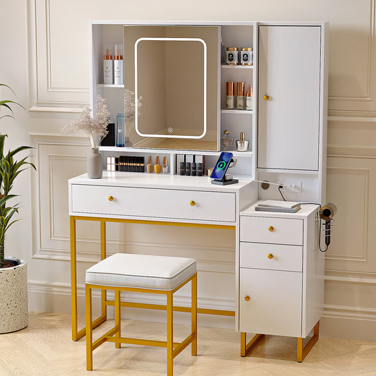 Vanity Set with Lighted Mirror, VIPLIVE Vanity Desk with Charging Station, Dressing Table Makeup Desk with Stool