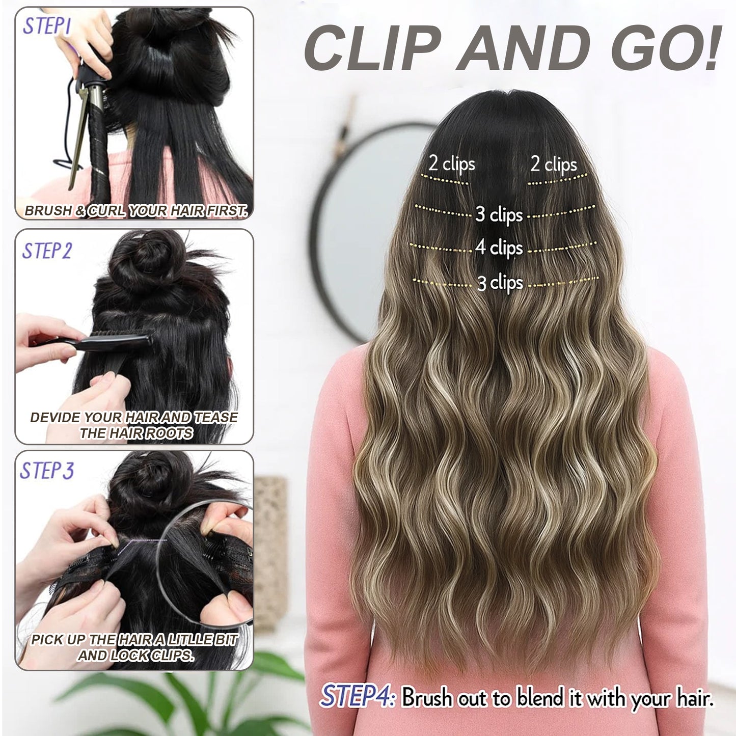20 Inch Clip in human Hair Extensions 4Pcs Light Brown Blonde Mix Wavy Curly Hairpieces for Women Thick & Natural-Looking