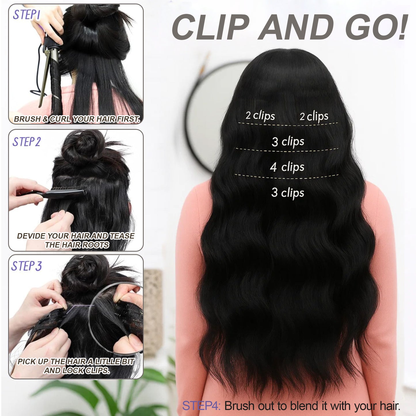Clip in human Hair Extensions 20 Inch 4Pcs Natural Black Long Wavy Thick Hairpieces Weft Natural Hair Extensions for Women