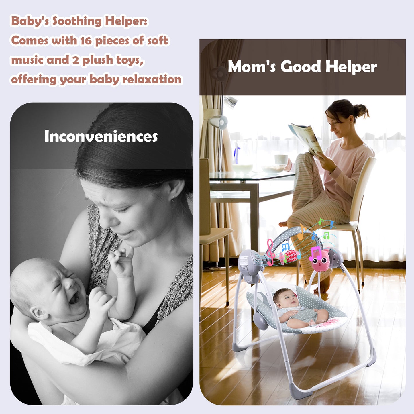 Yadala Baby Swing, Foldable Baby Swing for Infants with Adaptable Speeds, Music, 0-9 Months, Gray
