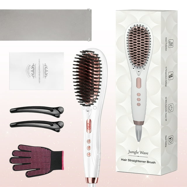 Jungle Wave Hair Straightener Brush, 2-in-1 Ceramic Ionic Straightening Brush, 15s Fast Heating, White