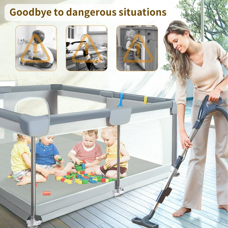 Baby Playpen for Babies and Toddlers, Yadala 48”×48” Indoor & Outdoor Baby Playard with Breathable Mesh, Gray