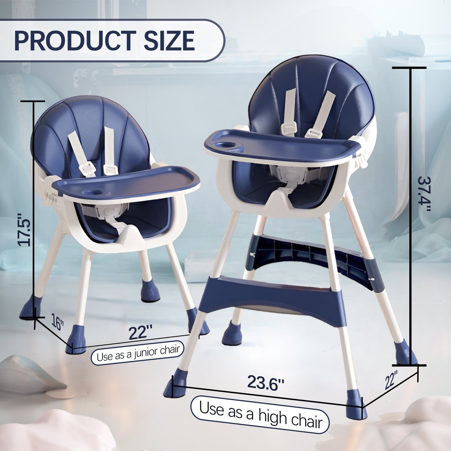 Yadala 3 in 1 High Chair, Convertible High Chairs for Babies and Toddlers with Removable Tray & PU Cushion, Blue