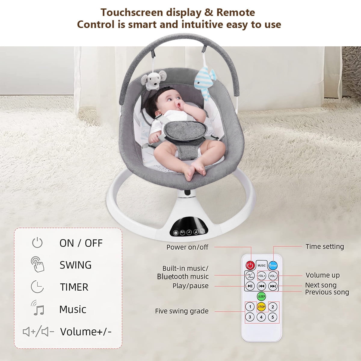 Baby Swing, Yadala Baby Swings for Infants Electirc Baby Rocker Bouncer with Remote Control and Music, Gray