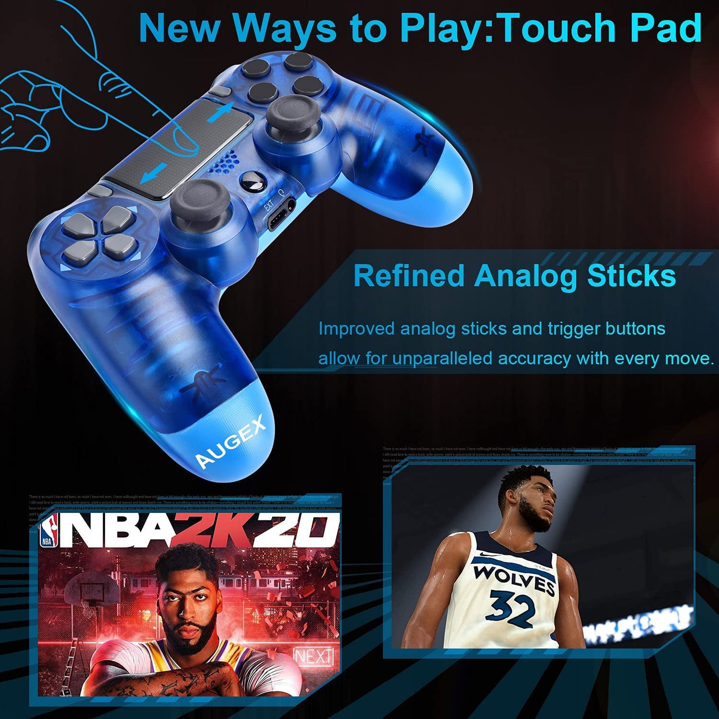 Wireless Controller Compatible with PS4,Vibration Game Joystick Compatible with PS4 - Transparent blue