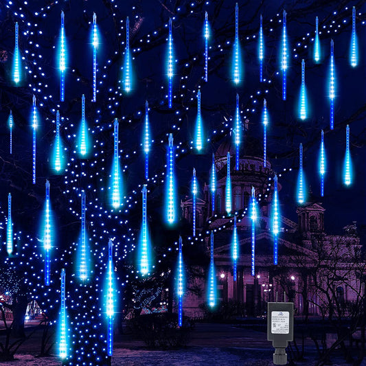 Meteor Shower Icicle Christmas Lights Outdoor, 17.72 Inches 8 Tubes 288 Led Dropping Lights Connectable, Hanging Falling Rain Lights for Tree Bushes Holiday Christmas Tree Lights, Blue