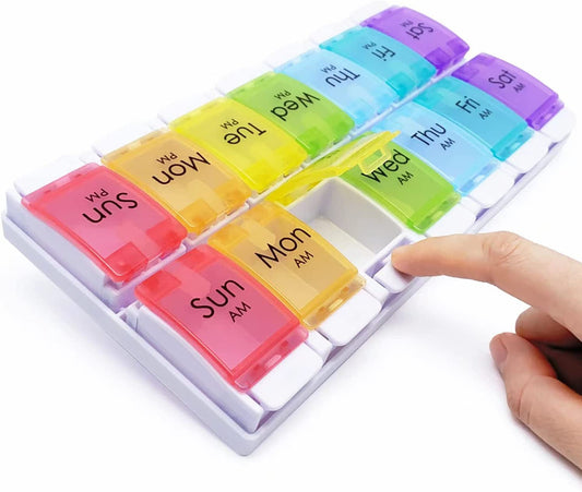 YADALA 7 Day Pill Organizer AM PM 2 Times a Day, Large Capacity Weekly Pill Box Twice Daily, Rainbow Morning and Evening Pill Case 14 Dividers BPA-Free Medicine Organizer with Easy Push Button