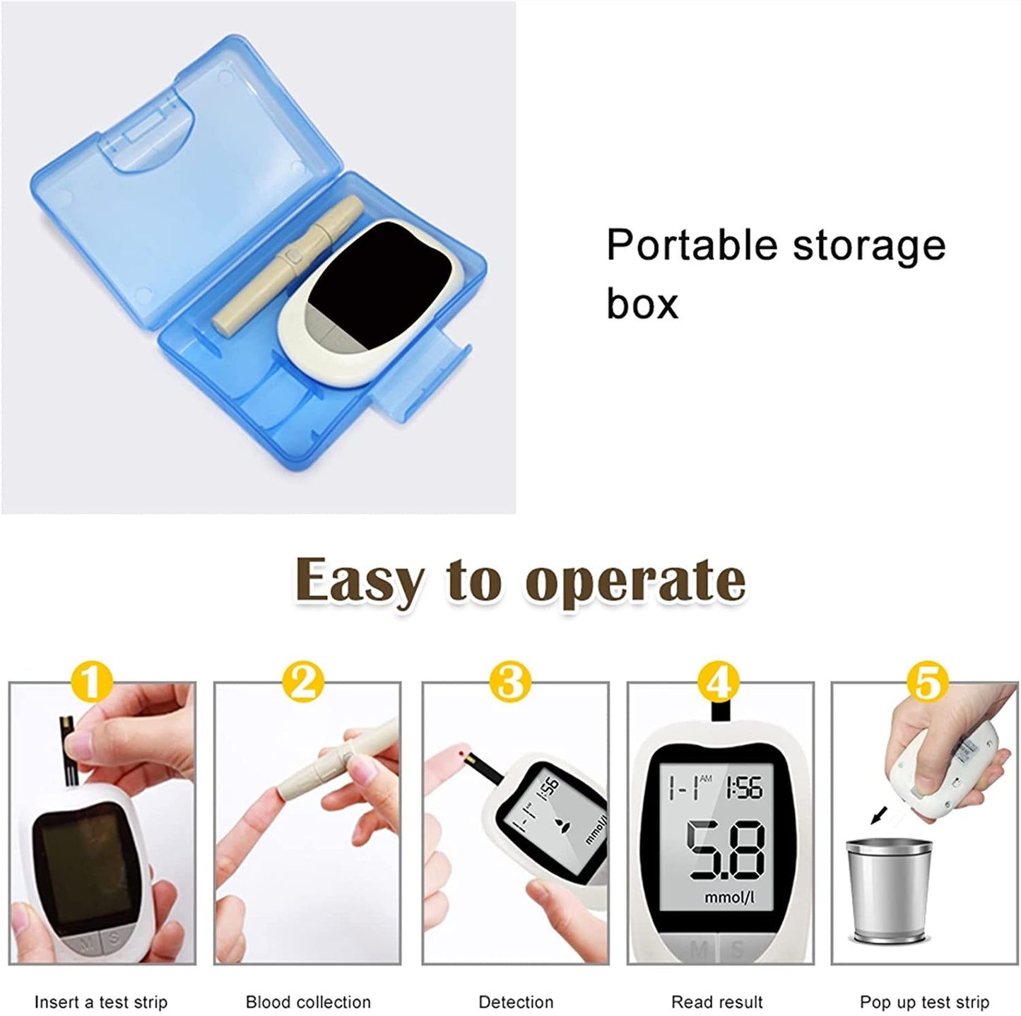 Yadala Blood Glucose Monitor Kit, Blood Glucose Meter Glucometer Kit Code Free Diabetes Test Blood Sugar Monitor with 50 Glucometer Strips, 50 Lancets, Lancing Device, Carrying Case