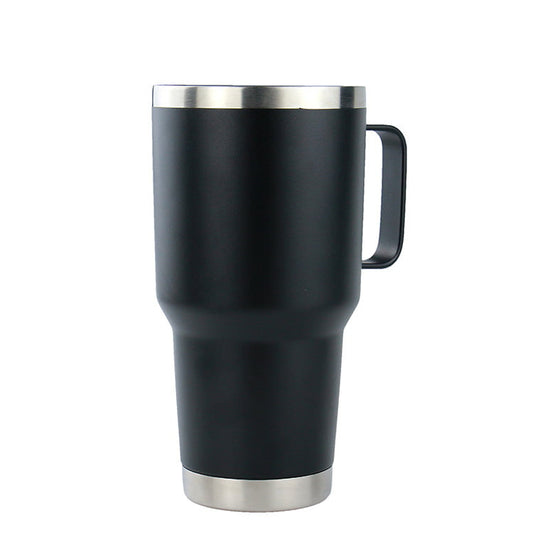 Large Travel Coffee Mug Tumbler with Clear Slide Lid & Handle, Reusable Vacuum Insulated Double Wall Stainless Steel Thermos, Fits in Cup Holder, 30oz (Black)