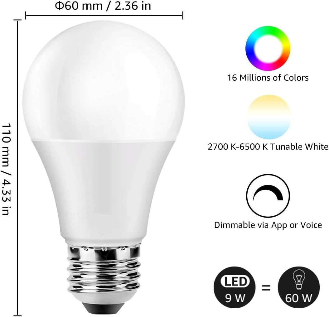 Smart WiFi Light Bulbs, LED Color Changing Lights, Works with Alexa & Google Assistant, RGBW 2700K-6500K, 9W Equivalent, Dimmable with App, A19 E27, No Hub Required, 2.4GHz WiFi Only, Pack of 4