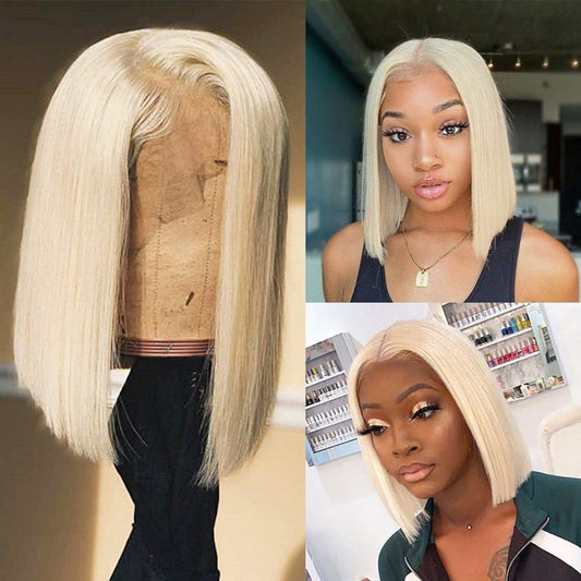 Blonde Bob Wig , Wigs Pre Plucked Bleached Knots Free Part Short Blonde Bob Wigs for Black Women
