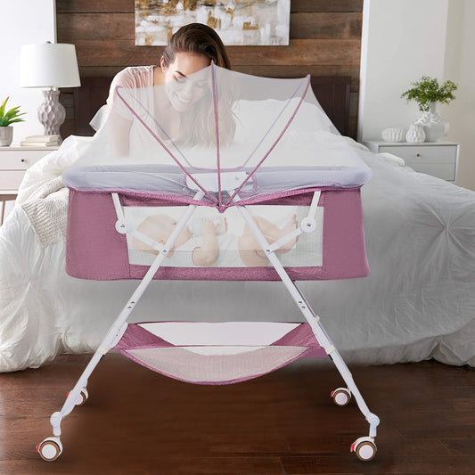 Bassinet for Babies, Zechiy 4 in 1 Portable Rocking Bassinet with Breathable Net and Harmless Mattress, Quick-Fold Crib for Newborn Girl Boy Infant, Purple