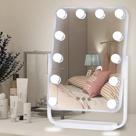 Vanity Mirror with Lights, Desk LED Makeup Mirror, Hollywood Lighted Makeup Mirror with 12 Dimmable Bulbs, 3 Color Large Tabletop Vanity Mirror with USB Charge