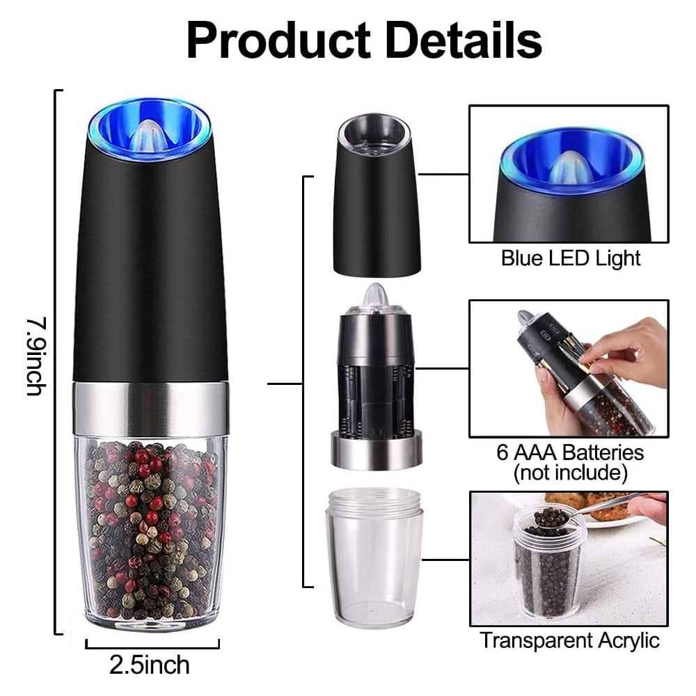 Gravity Electric Pepper and Salt Grinder Set, Adjustable Coarseness, Battery Powered with LED Light, One Hand Automatic Operation, Stainless Steel Silver