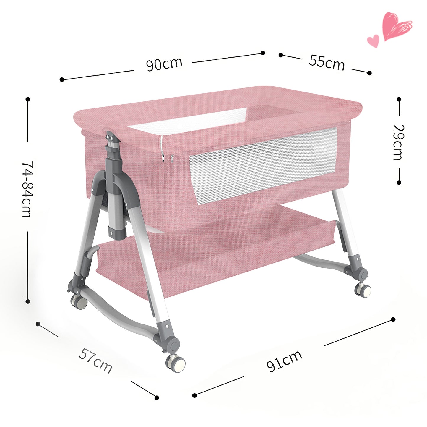 Yadala Bedside Cribs, Baby Bassinet Travel Baby Crib Baby Bed with Breathable Net, Adjustable Portable Bed for Infant/Baby with Mattress, Pink
