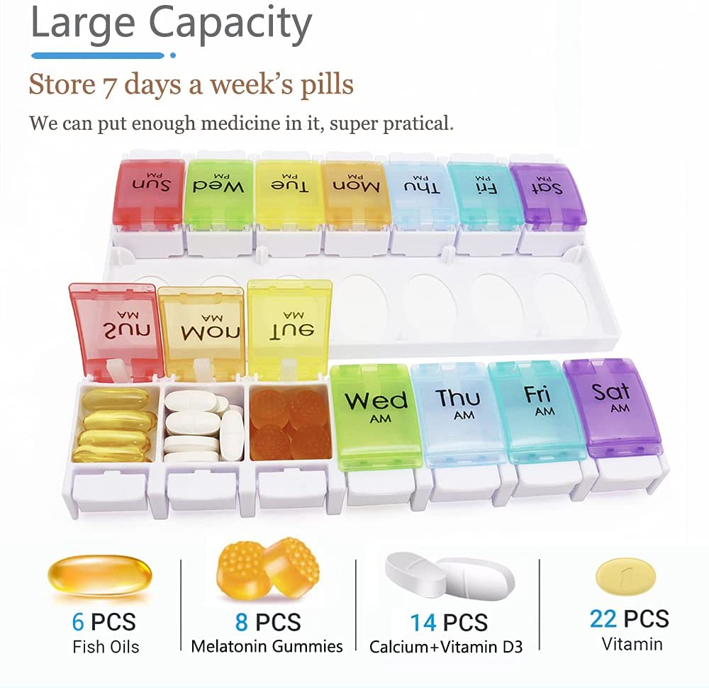 YADALA 7 Day Pill Organizer AM PM 2 Times a Day, Large Capacity Weekly Pill Box Twice Daily, Rainbow Morning and Evening Pill Case 14 Dividers BPA-Free Medicine Organizer with Easy Push Button