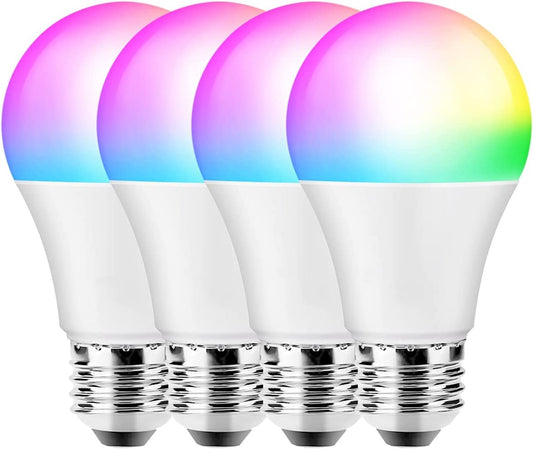 Smart WiFi Light Bulbs, LED Color Changing Lights, Works with Alexa & Google Assistant, RGBW 2700K-6500K, 9W Equivalent, Dimmable with App, A19 E27, No Hub Required, 2.4GHz WiFi Only, Pack of 4