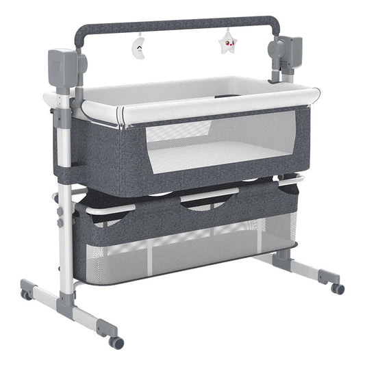 Bassinet 5 in 1, Automatic Bassinet with Adjustable Height Portable Bed Side Sleeper w/Music, Toy Rack, Mattress, Breathable Mesh, for Newborn Infant (Dark Grey)