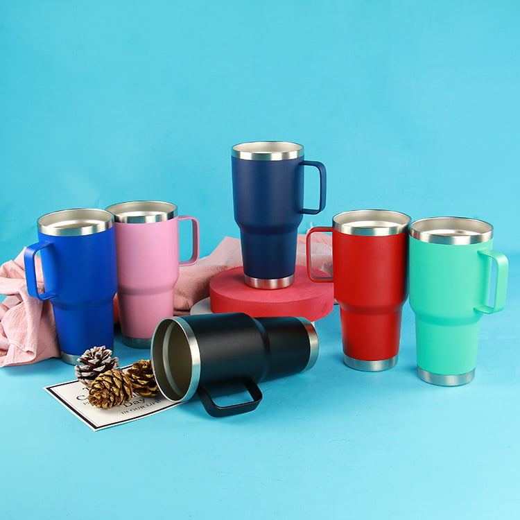 Large Travel Coffee Mug Tumbler with Clear Slide Lid & Handle, Reusable Vacuum Insulated Double Wall Stainless Steel Thermos, Fits in Cup Holder, 30oz (Black)
