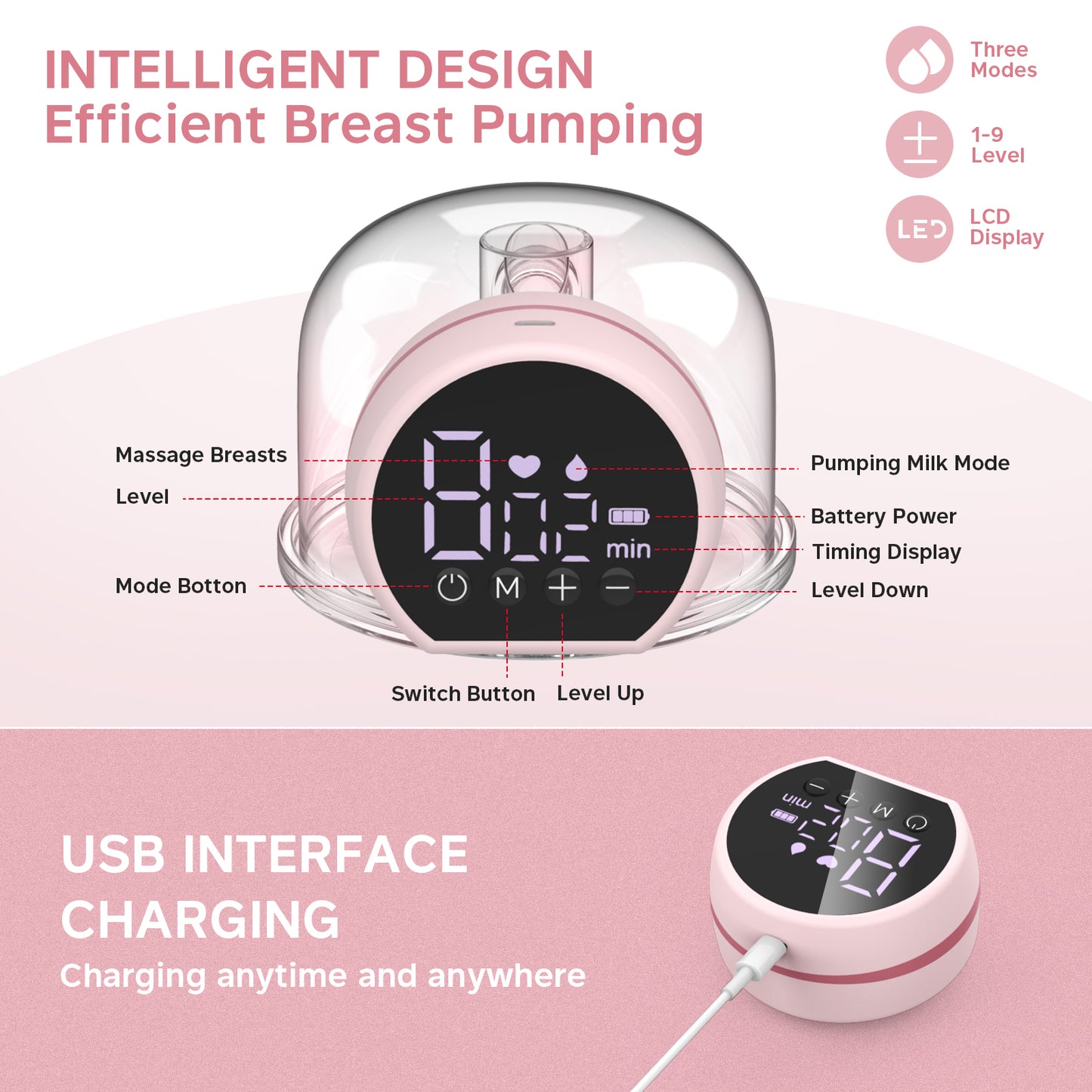 Wearable Breast Pump Hands Free - Portable Wireless Breast Pump Electric with 3 Mode & 9 Levels, Silicone Breastfeeding Breastpump Can Be Worn in-Bra, Low Noise & Painless with Massage 24mm