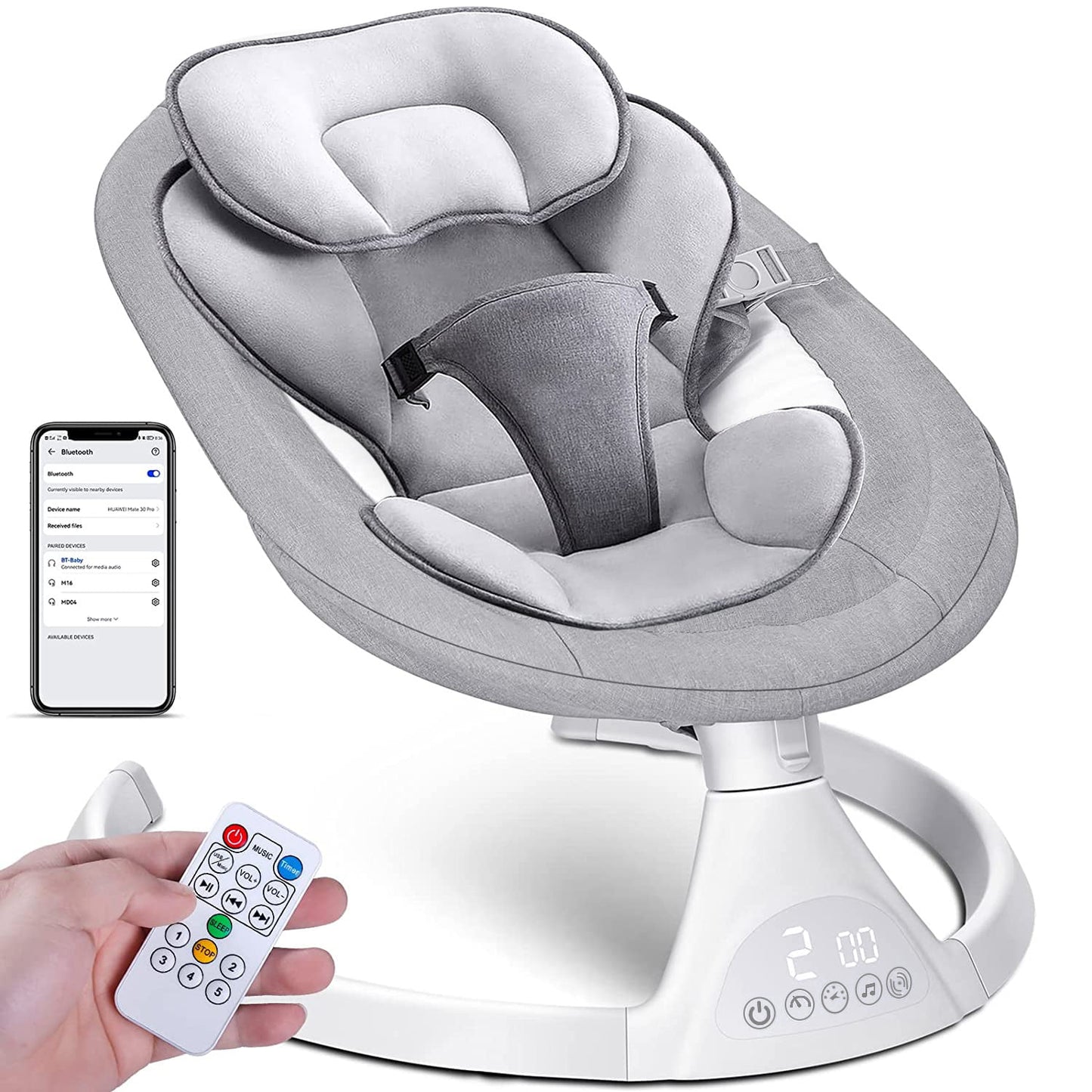 Bluetooth Baby Swing for Infants, Compact & Portable, Intelligent Auto-Sensing Swing, 5 Speed, 10 Lullabies, Remote Control, Indoor/Outdoor