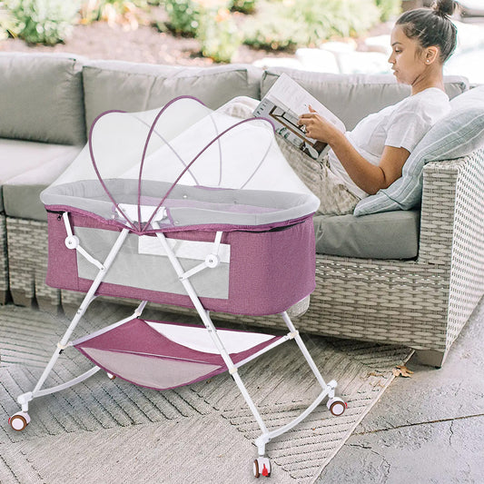 Bassinet for Babies, 4 in 1 Portable Rocking Bassinet with Breathable Net and Harmless Mattress, Quick-Fold Crib for Newborn Girl Boy Infant, Purple