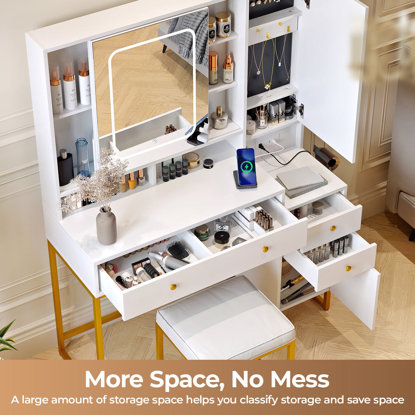Vanity Set with Lighted Mirror, VIPLIVE Vanity Desk with Charging Station, Dressing Table Makeup Desk with Stool