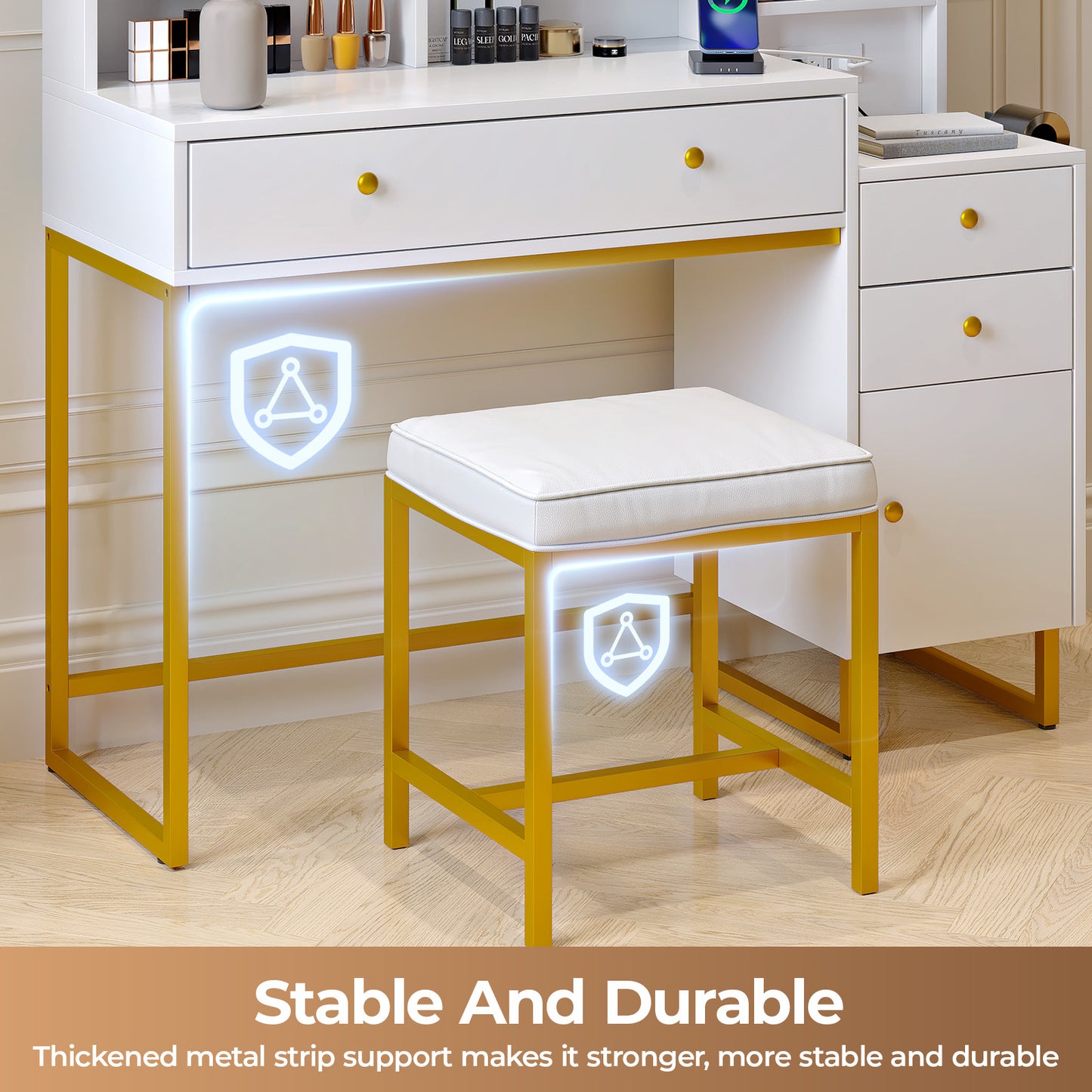 Vanity Set with Lighted Mirror, VIPLIVE Vanity Desk with Charging Station, Dressing Table Makeup Desk with Stool