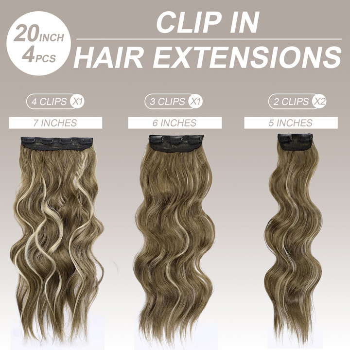20 Inch Clip in human Hair Extensions 4Pcs Light Brown Blonde Mix Wavy Curly Hairpieces for Women Thick & Natural-Looking