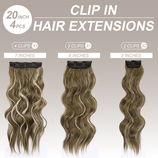 20 Inch Clip in human Hair Extensions 4Pcs Light Brown Blonde Mix Wavy Curly Hairpieces for Women Thick & Natural-Looking