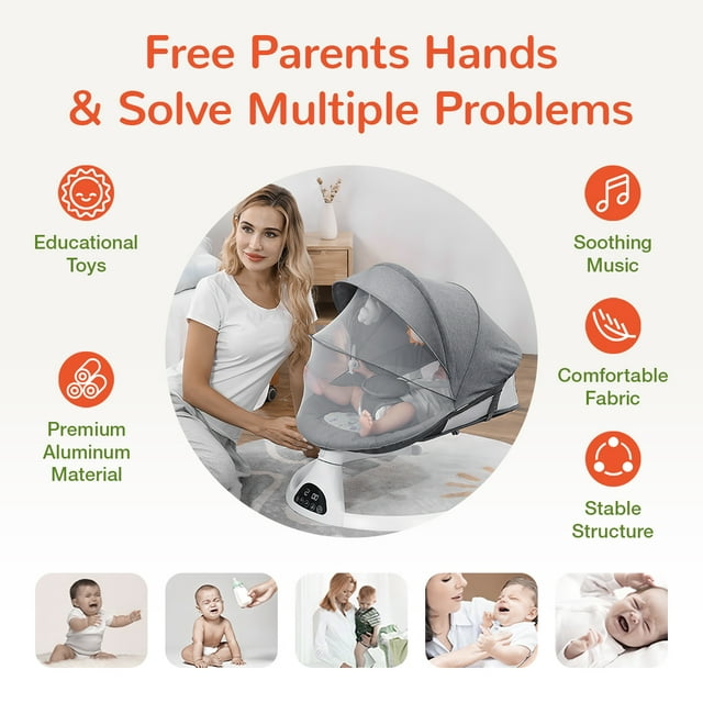 Electric Baby Swing for Infants, Bluetooth Swing Baby Bouncer Baby Rocker with Intelligence Timing, Gray