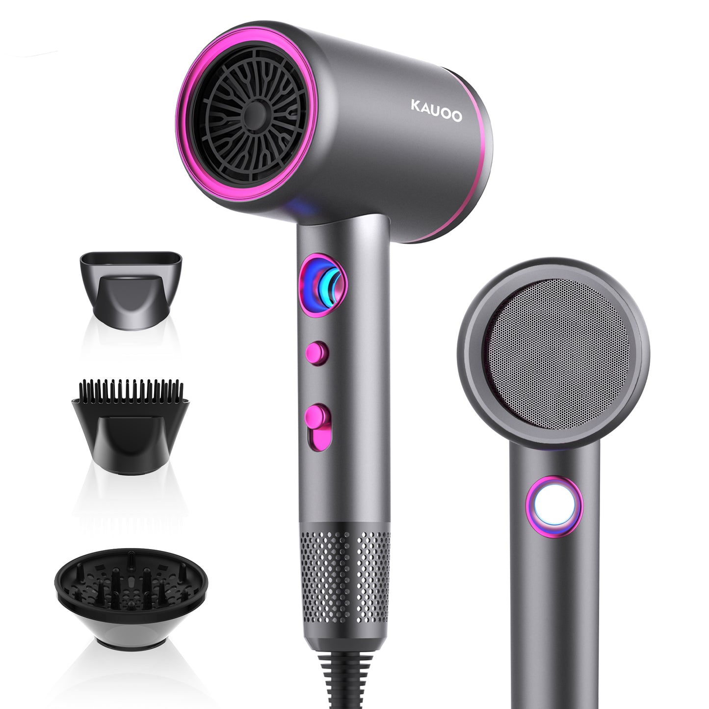 Hair Dryer,Kauoo Professional Ionic Blow Dryer Constant Temperature Hair Care,Fast Drying Low Noise Hairdryer with 3 Magnetic Attachments for Home,Travel and Salon,Grey