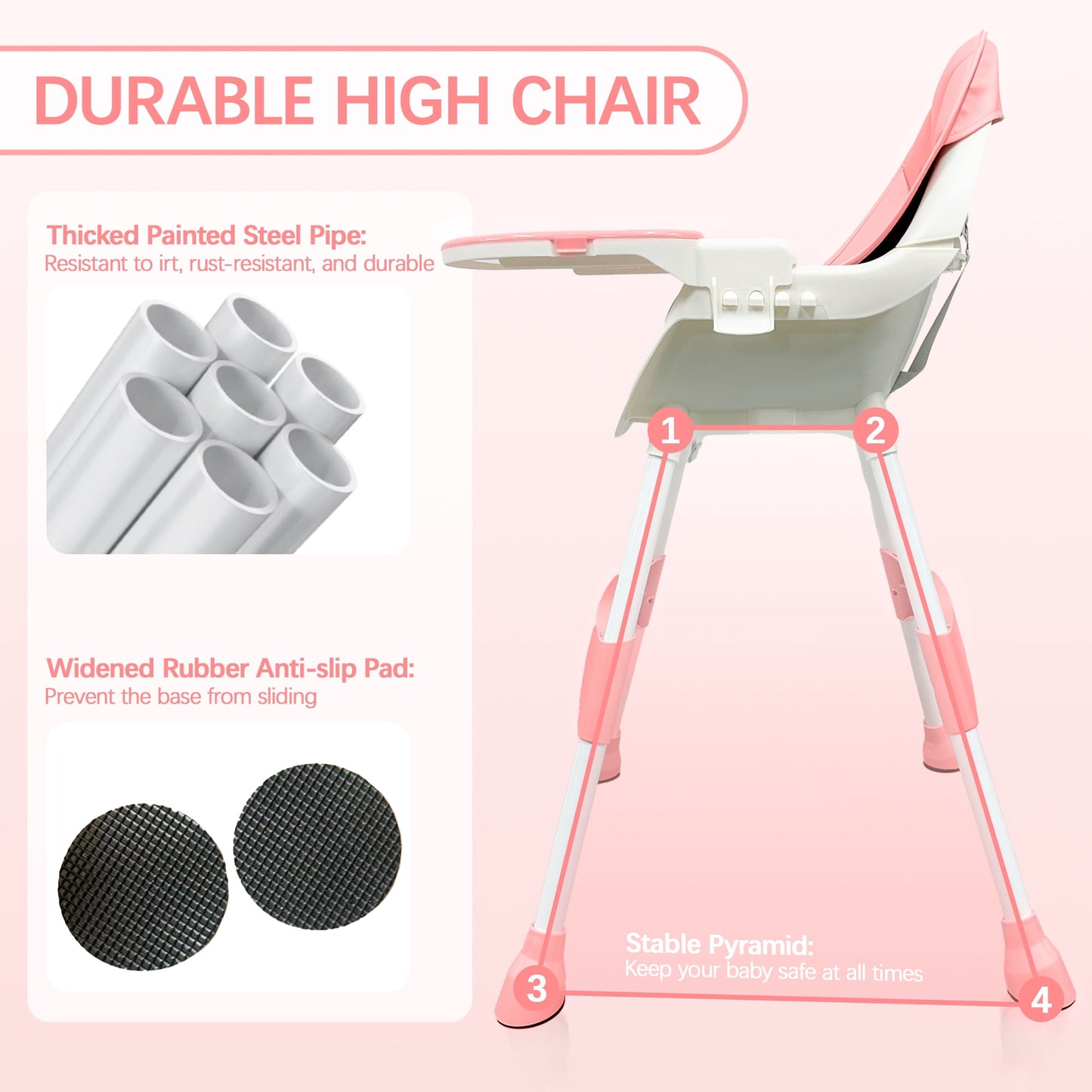 Yadala 3 in 1 High Chair, Convertible High Chairs for Babies and Toddlers with Removable Tray & PU Cushion, Pink