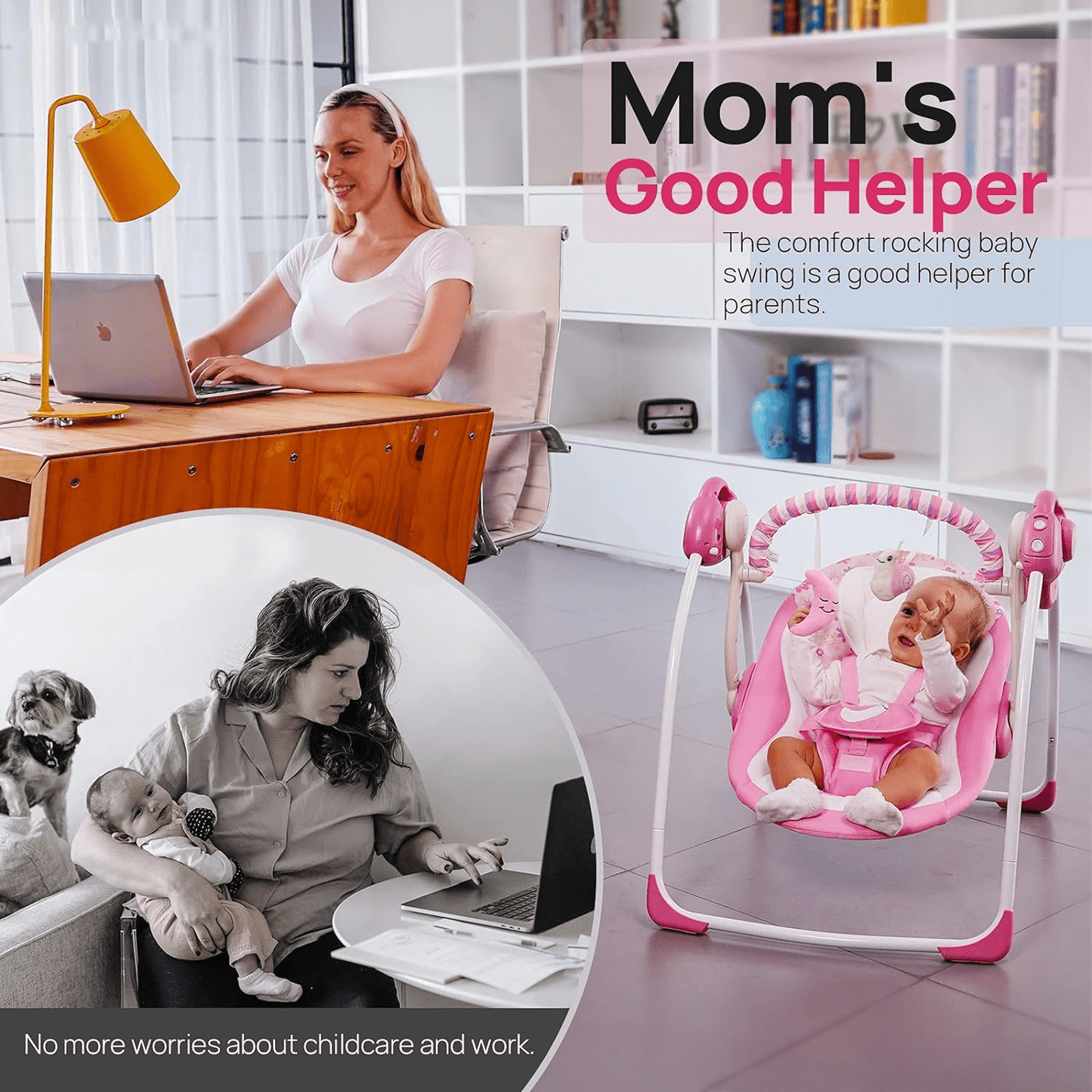 Yadala Baby Swing, Foldable Baby Swing for Infants with Adaptable Speeds, Music, 0-9 Months, Pink