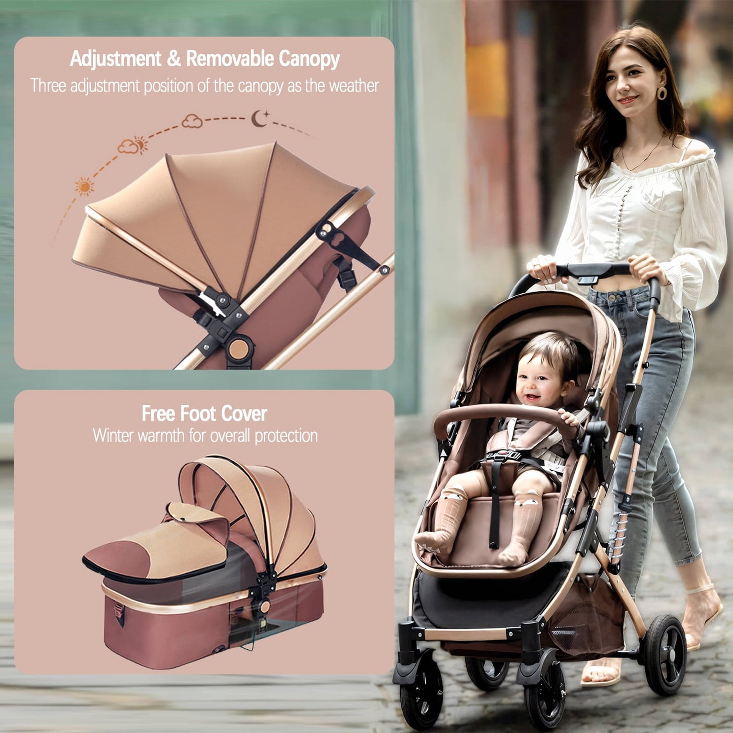 Yadala Stroller, Foldable Baby Stroller 3 in 1 Convertible Bassinet Stroller for Newborn Toddler with Adjustable Backrest & Awning