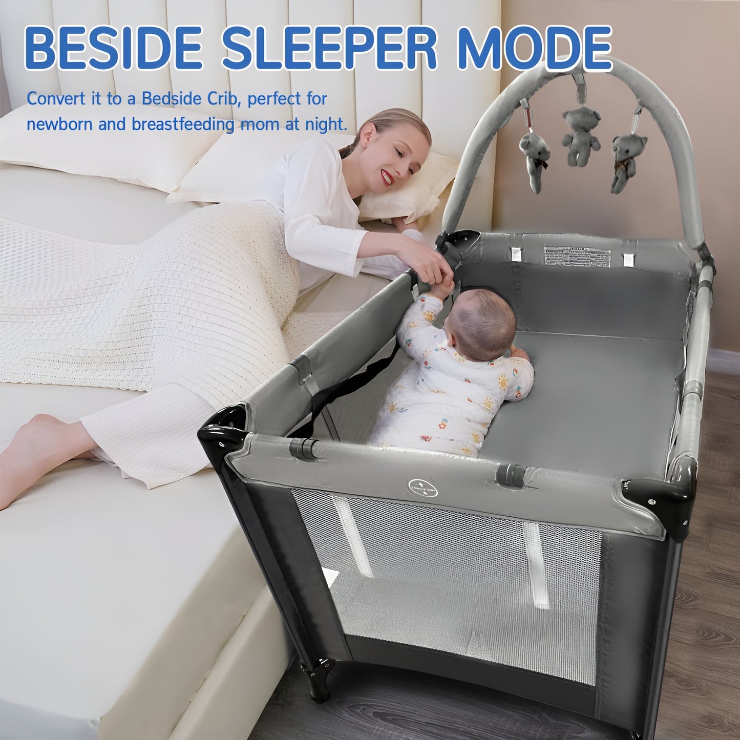 Portable Playard in Black, Lightweight, Packable and Easy Setup Baby Playard bassinet, Breathable Mesh Sides and Soft Fabric - Comes with a Removable Padded Mat