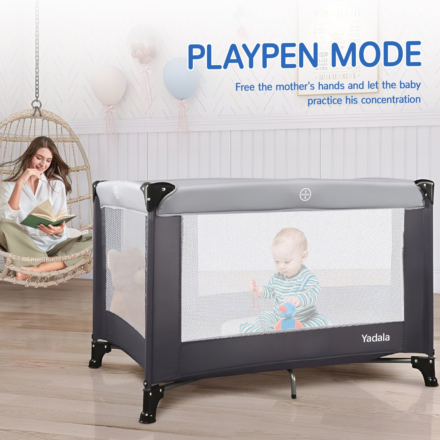 Portable Playard in Black, Lightweight, Packable and Easy Setup Baby Playard bassinet, Breathable Mesh Sides and Soft Fabric - Comes with a Removable Padded Mat