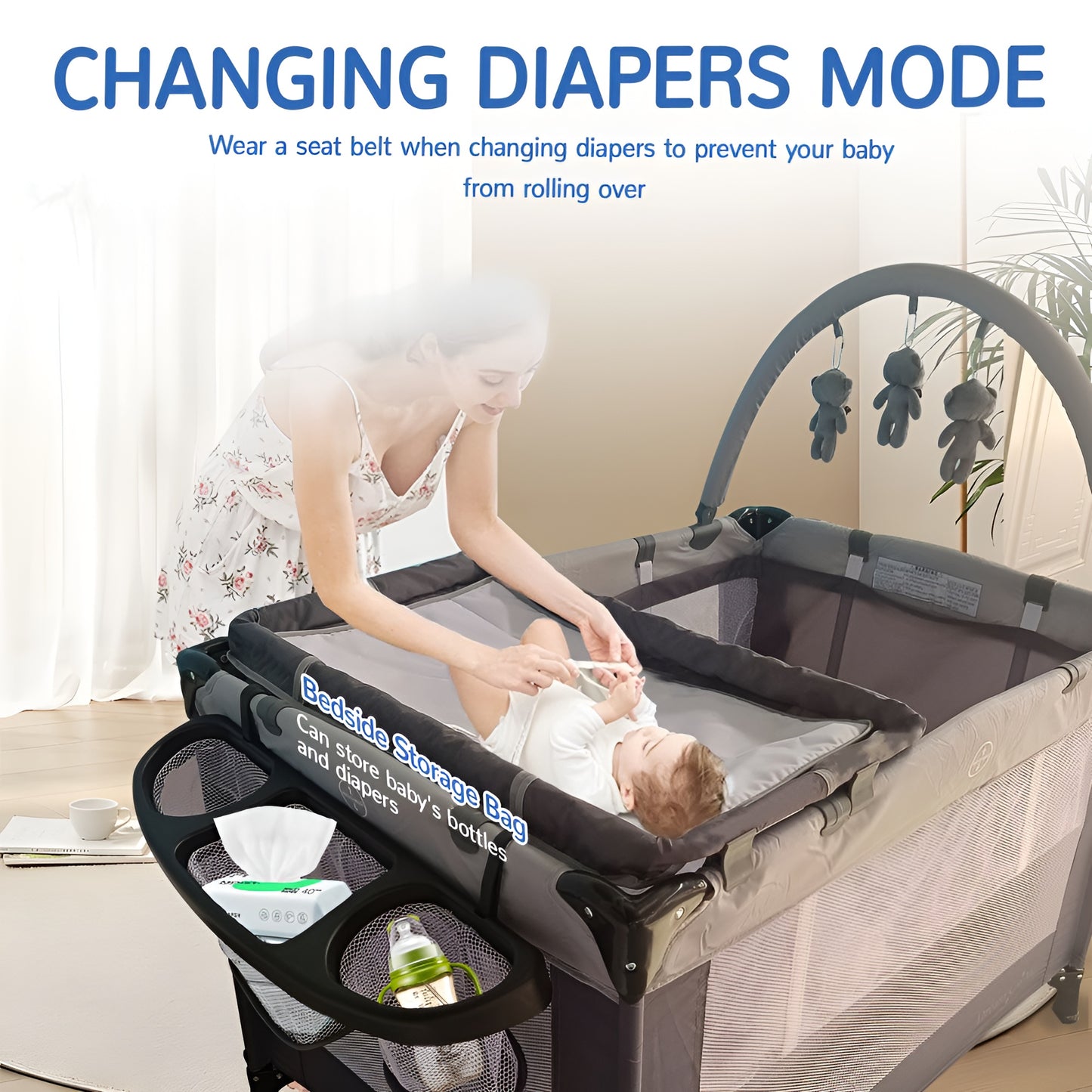 Portable Playard in Black, Lightweight, Packable and Easy Setup Baby Playard bassinet, Breathable Mesh Sides and Soft Fabric - Comes with a Removable Padded Mat