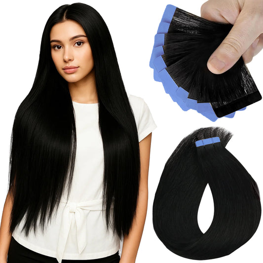 Tape in Hair Extensions Real Human Hair Invisible Remy Hair Extensions Tape ins for Women Jet Black 20 inch 20Pcs 50G