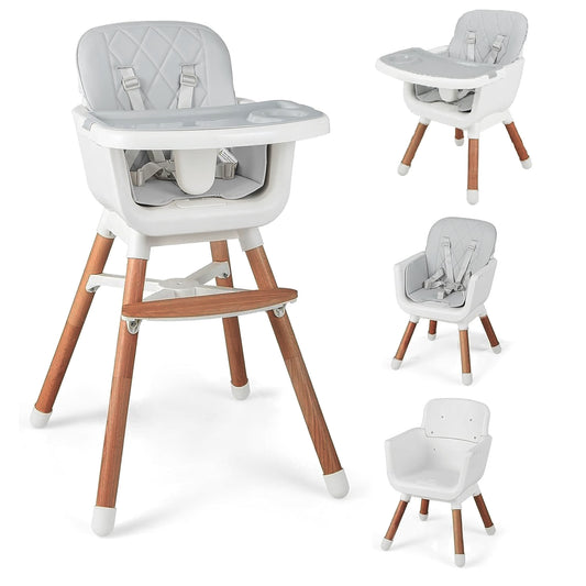Yadala High Chair, 3-in-1 Convertible Wooden High Chair with Adjustable Legs & Removable Tray, Gray