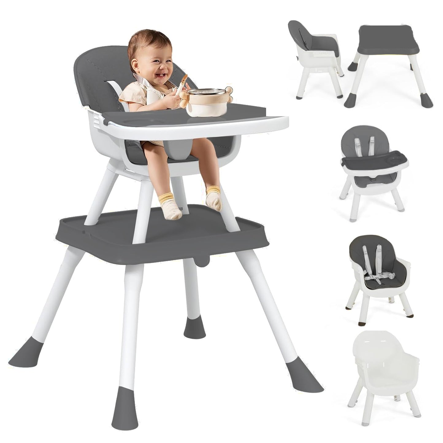 Yadala High Chair, 6 in 1 Convertible High Chairs with Removable Tray for Babies and Toddlers, Gray