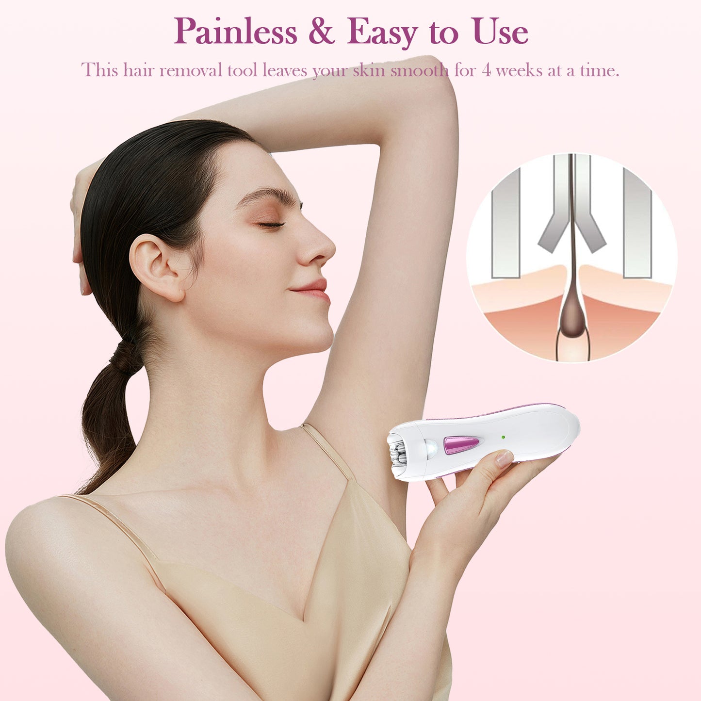 Epilator for Women, Facial Hair Mini Epilator for Body, Portable Hair Removal, Smooth Glide Epilator with LED for Face Legs Bikini-White/Pink
